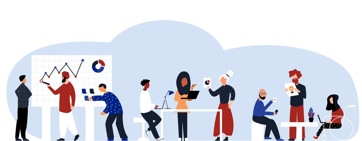 People From Diverse Background Working All Together In Office Workplace Illustration Illustration