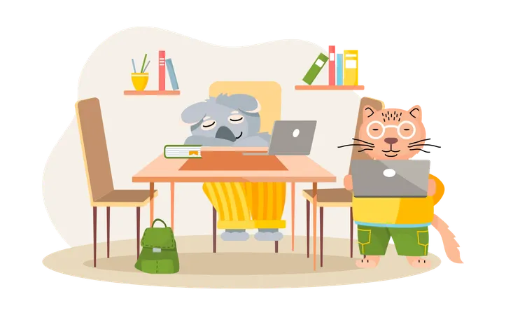 Working Animals Working At Home With Laptop  Illustration