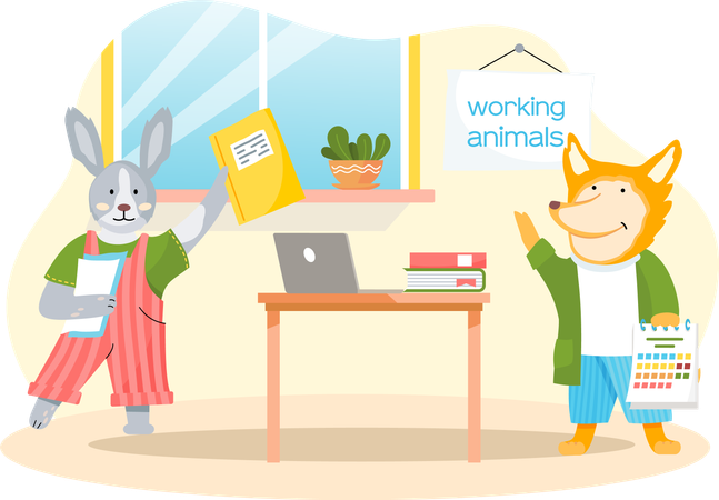 Working animals cute cartoon character works at home with laptop performs work and tasks  Illustration