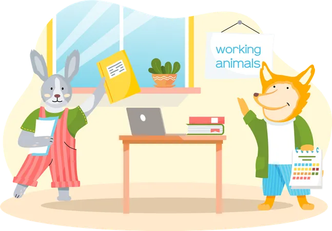 Working animals cute cartoon character works at home with laptop performs work and tasks  Illustration