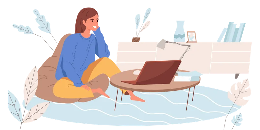 Working At Home Concept In Flat Design Woman Remotely Works On Laptop Sitting At Bag Chair Freelancer Doing Tasks Online From Home Freelance Or Distance Work People Scene Vector Illustration Illustration