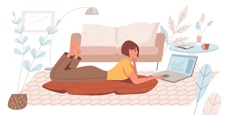 Working At Home Concept In Flat Design Woman Remotely Works On Laptop While Lying On Floor Freelancer Doing Tasks Online From Home Freelance Or Distance Work People Scene Vector Illustration Illustration