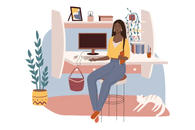 Workplace Web Concept Woman Works Remotely Sitting At Desk With Computer Freelancer Works From Home In Cozy Room With Cat People Scenes Template Vector Illustration Of Characters In Flat Design Illustration