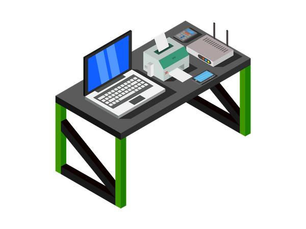 Working desk with laptop, printer and router Illustration