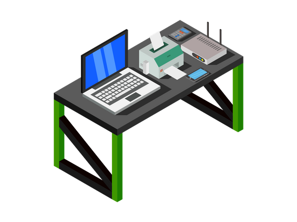 Working desk with laptop, printer and router  Illustration