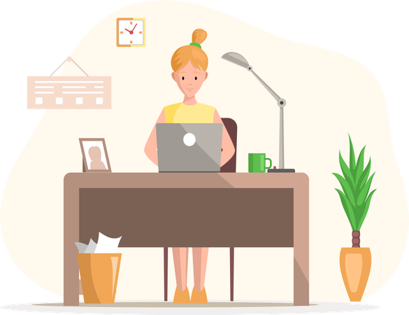 Working female character employee in office sitting at table with computer  Illustration