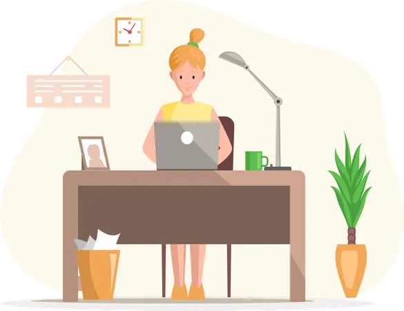 Working female character employee in office sitting at table with computer  Illustration