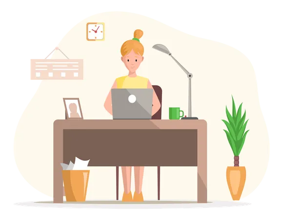 Working Female Character Employee In Office Sitting At Table With Computer Typing On Keyboard Girl Freelancer Sitting At Home With Laptop Young Woman At Desk With Tablet Pc Doing Her Work 일러스트레이션