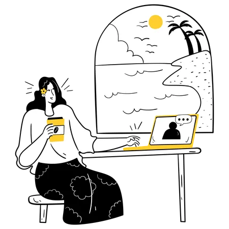 Working from a Beachside Cafe  Illustration