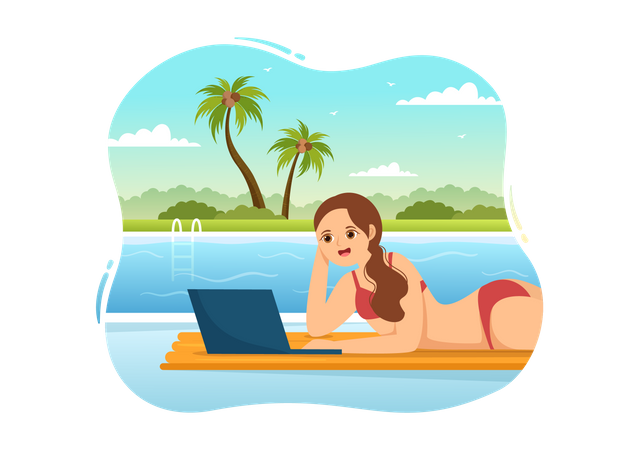 Working From Swimming Pool Illustration