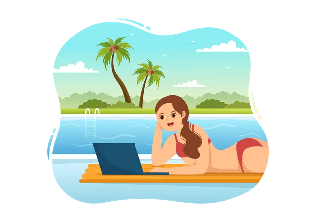 Working From Swimming Pool Illustration