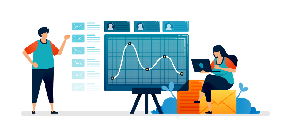 Working girl reviewing board line chart fluctuations from company reports  Illustration