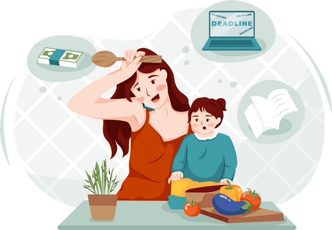 Working lady managing work with child  Illustration