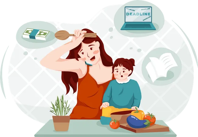 Working lady managing work with child  Illustration