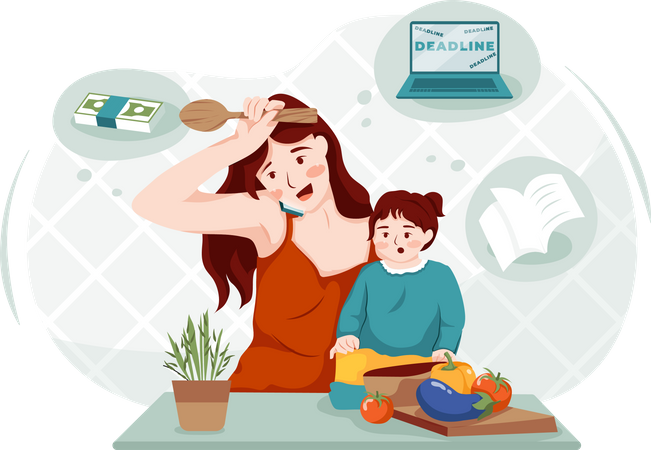 Working lady managing work with child  イラスト