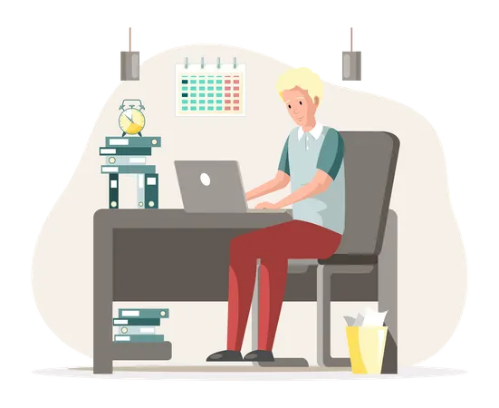 Working male employee in office sitting at table with computer  Illustration