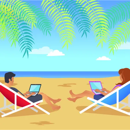 Working Man and Woman on Beach  Illustration