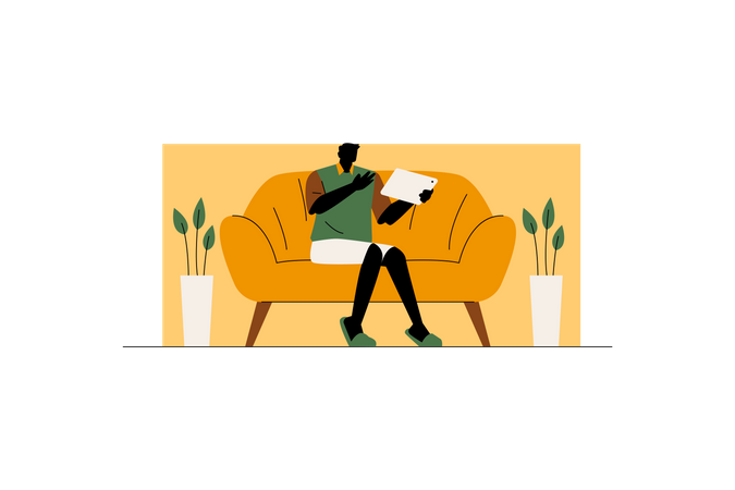 Working man using a tablet in the family room  Illustration