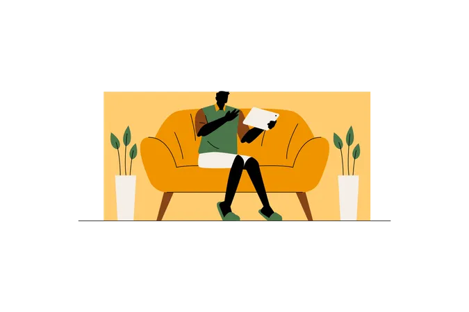 Working man using a tablet in the family room  Illustration