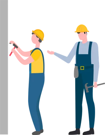 Team Of People Working On Building And Repairing Vector Teamwork Professional Supervising Man Wearing Helmet And Uniform Protective Clothes Flat Style Illustration