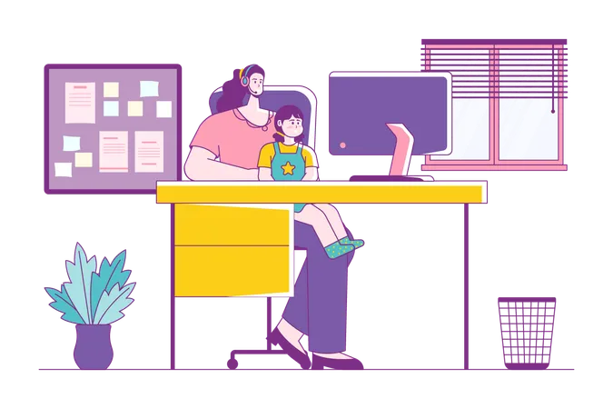 Working Mom with Kid Sitting on Her Lap While Online Meeting  Illustration