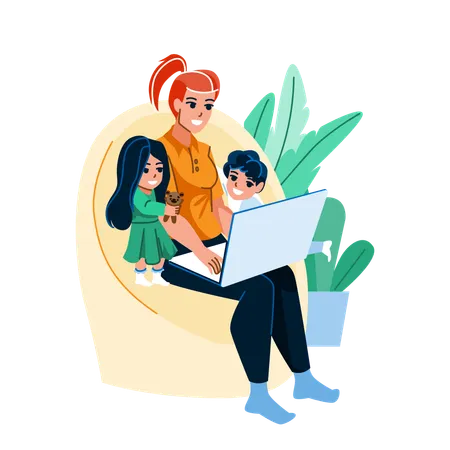 Home Work Stress Mother Vector Family Child Parent Computer Laptop Mom Office Busy Tired Quarantine Home Work Stress Mother Character People Flat Cartoon Illustration Illustration