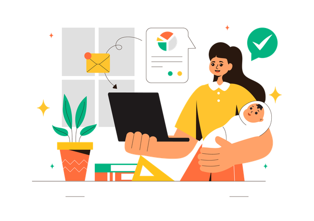 Working Mother holding baby at home  Illustration