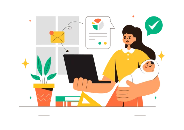 Working Mother holding baby at home  Illustration