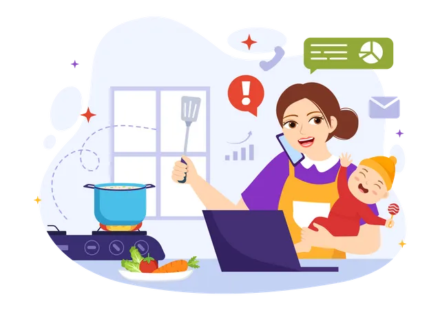 Working Mother Vector Illustration With Mothers Who Does Work And Takes Care Of Her Kids At The Home In Multitasking Cartoon Hand Drawn Templates Illustration