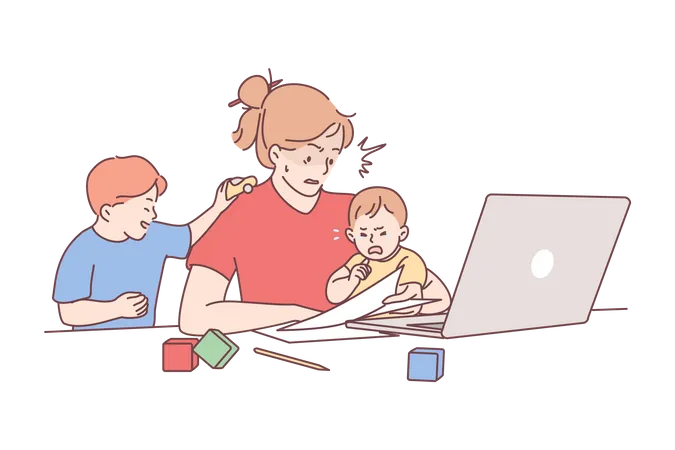 Working mother with children  Illustration