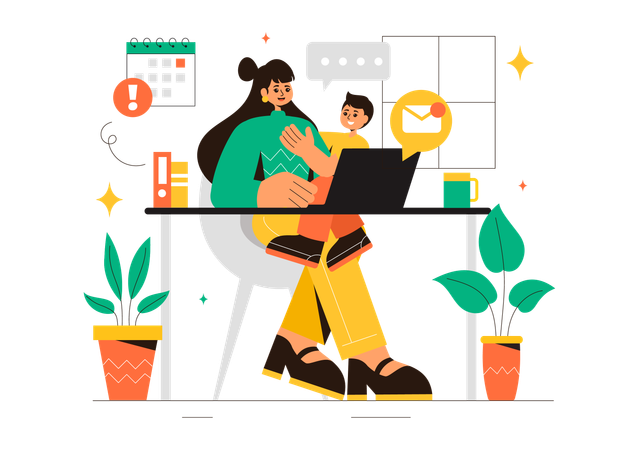 Working Mother with kid at home  Illustration