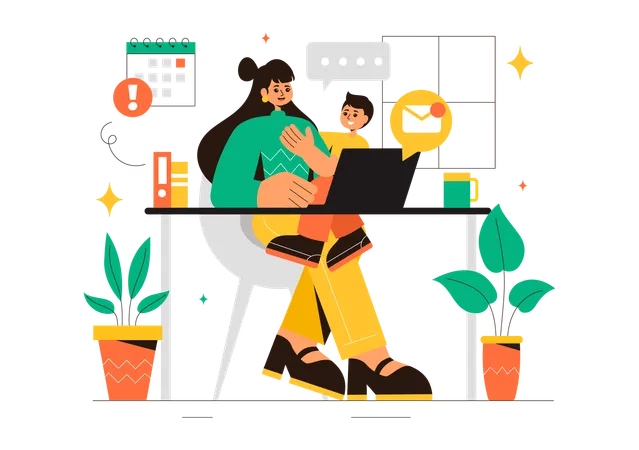 Working Mother with kid at home  Illustration