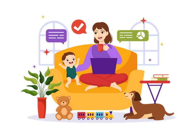 Working Mother with laptop  Illustration