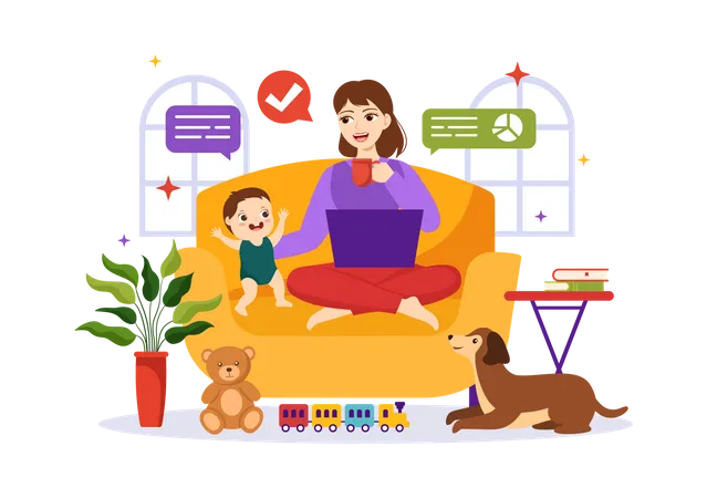 Working Mother with laptop  Illustration