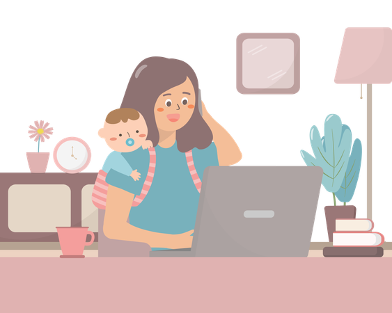 Working mother working remotely  일러스트레이션