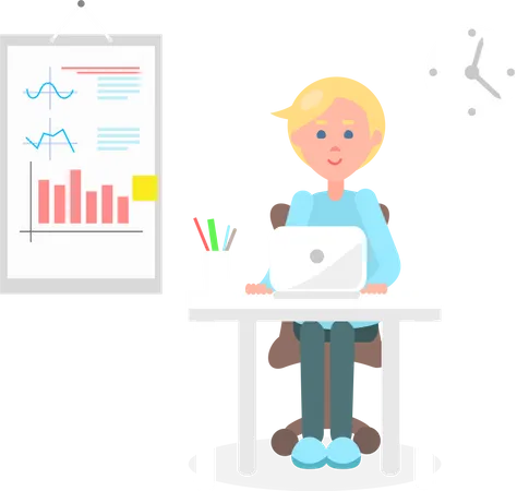 Working Office Employee Color Vector Illustration Clock And Paper With Statistical Charts And Plots On Wall Man With Laptop Sitting By Cozy Table Illustration