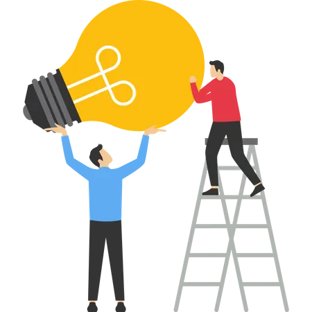 Idea Search Concept Characters Standing And Lifting Light Bulb Together People Generate Creative Business Ideas Cooperation Produces Ie Business Solution Concept Vector Illustration Illustration