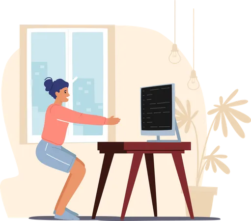 Freelancer Character Doing Workout At Home Work Place Stretching Body And Squatting Front Of Pc Screen Female Worker Exercising At Workplace Health Care And Sport Cartoon People Vector Illustration Illustration