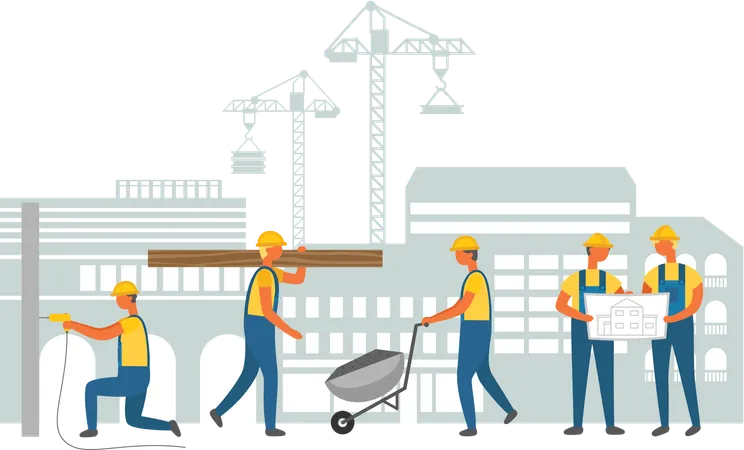 Working People Construction Of New Buildings Vector Team Of Workers Cityscape And Machinery Male With Bulk Carriage And Plan Written On Paper Engineer Illustration