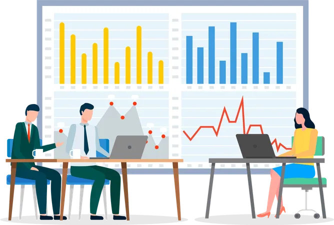 Business Meeting Consideration Of Working Issues Working Space Office Workers Sitting At Desks With Laptops Business People Man And Woman Talking Communication Discuss Presentation Graph And Chart 일러스트레이션