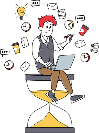 Time Management Working Productivity Multi Tasking Concept Tiny Businessman Character Sitting On Huge Hourglass With Laptop In Hands Deadline Business Work Process Linear Vector Illustration Illustration