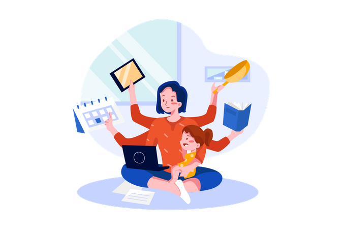 Working woman handling home and office work Illustration