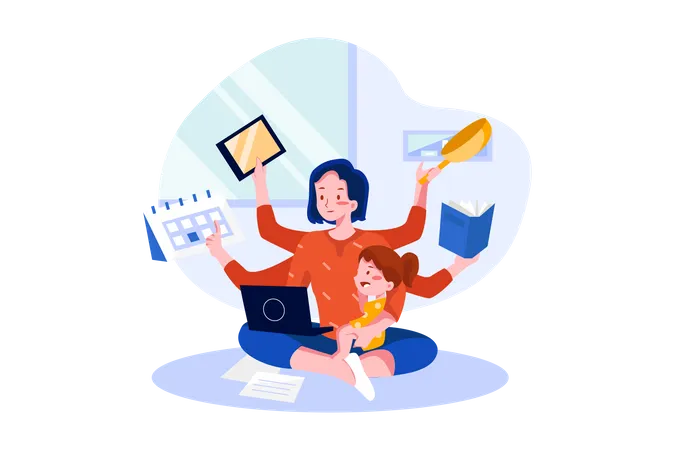 Working woman handling home and office work  Illustration