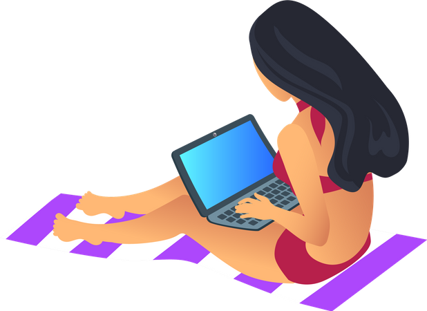 Working woman wearing swimming suit and sitting on mat  Illustration