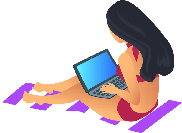 Business Summer Woman Wearing Swimming Suit And Sitting On Mat Doing Tasks At Laptop Freelancer At Work Vector Illustration Isolated On White Illustration