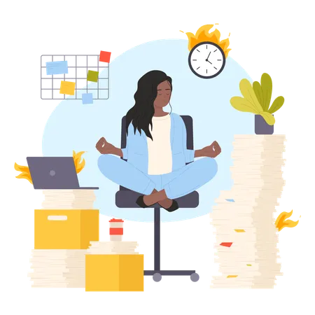 Bureaucracy Problem Of Deadline And Office Paperwork Organization Vector Illustration Cartoon Woman Sitting In Yoga Lotus Pose Among Clock In Fire Folders And Piles Of Paper Documents For Sorting Illustration