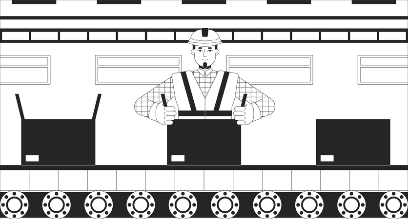 Workman sealing cardboard box conveyor belt  Illustration