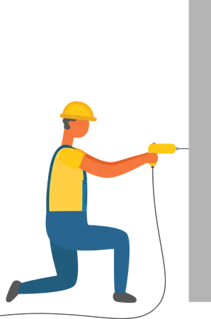 Repairing Man Vector Isolated Character With Drill And Wall Working Male Wearing Protective Helmet Handyman With Special Instrument Work Tool Illustration