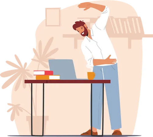 Office Worker Exercising At Workplace Male Character Do Workout At Work Place Stretching Arms While Work On Laptop At Desk Health Care Sport Lack Of Exercise Prevention Cartoon Vector Illustration Illustration