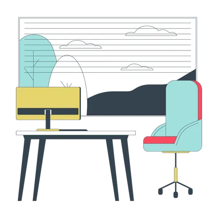 Workplace Comfortable 2 D Linear Cartoon Object Workspace Table With Office Chair Wheels Near Window Isolated Line Vector Element White Background Furniture Technology Color Flat Spot Illustration Illustration